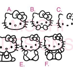 May include: Black and white line art illustrations of Hello Kitty in six different poses. The illustrations are labeled with letters A through F.