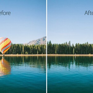 Könnte beinhalten: Ein Heißluftballon mit gelben, roten und blauen Streifen schwebt über einem See mit einer Spiegelung des Ballons im Wasser. Im Hintergrund befinden sich eine Reihe von Bäumen und Berge.