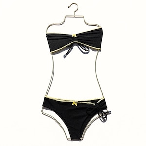 Black Bandeau Bikini Set – Evelyn Top & Kayla Bottoms | Low Rise Cheeky Bikini with Yellow Trim | Adjustable Swimwear | Handmade in LA