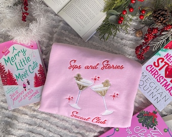 Sips and Stories Crewneck / Holiday Bookish Merch / Christmas Book Merch / Embroidered Book Sweatshirt
