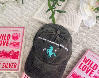 Sparkly Turquoise Unicorns Hat / Wild Eyes Hat / Book Merch / Embroidered Dad Hat