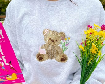 Spring Teddy Bear/ Bookish Merch / Book Embroidered Sweatshirt / Booktok Merch
