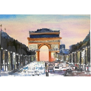 Digital: Paris Sights, Cityscape Watercolor, Champs-Elysees, Arc de Triomphe, Travel Art, City Painting