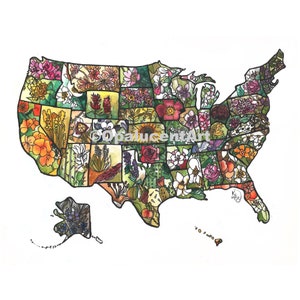 Digital: State Flowers Aquarell Kunstdruck, Blumenkunst, Amerika Kunst, Usa Karte