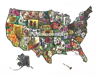 Digital: State Flowers Watercolor Art Print, Flower Art, America Art, United States Map
