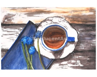 10-Pack Folded Cards: Blue Flower Painting, Coffee Painting, Watercolor Art Print