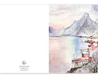 10-Pack Folded Cards: Scandinavian Art, Norway Landscape, Watercolor Seascape, Mountain Landscape Painting