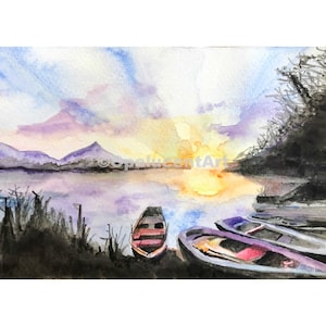Carte piegate da 10 confezioni: pittura ad acquerello del lago, arte dell'alba, paesaggio, stampa ad acquerello, decorazione della casa del lago