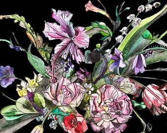 10-pack Folded Cards:  Dark Floral Art Print, Black Floral, Art Nouveau, Nocturnal Garden Art, Cottagecore Art Print
