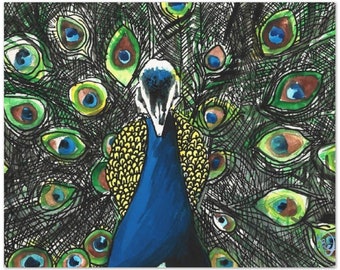 Pauw Aquarel schilderij, vogel kunst aan de muur, aquarel print, blauwe pauw, vogel muur decor