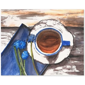 Blue Flower Painting, Coffee Painting, Watercolor Art Print