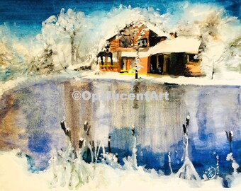 Digital: Winter Landscape Painting, Snow Landscape, Lake Watercolor