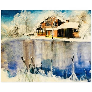 Pittura di paesaggio invernale, paesaggio di neve, acquerello del lago