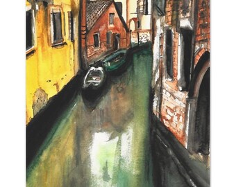 Venice, Italy Watercolor Painting, Italy Wall Decor, Cityscape, Venetian Canal, Gondola, Travel Art