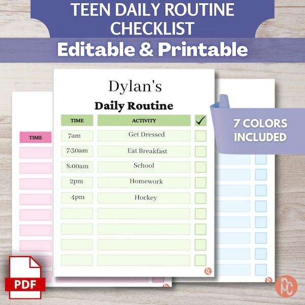 Customizable Daily Routine Checklist for Teens | Editable Teen Daily Habit Tracker | Teenager Time Management Planner | To Do List