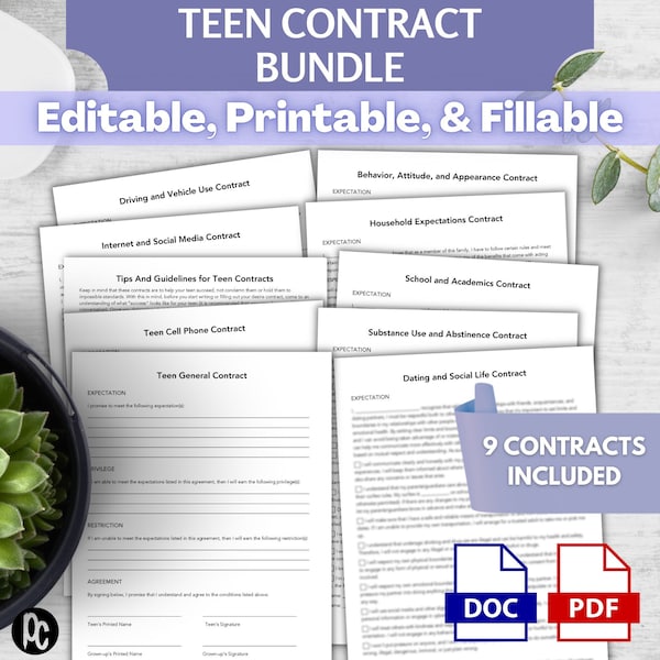 Teen Contract Bundle | Contracts for Teenagers | Parenting Form | Back to School Agreement | Editable Phone Contract | Social Media Contract