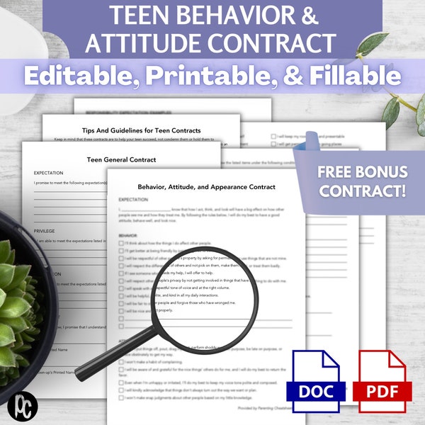 Teen Behavior Contract | Teenagers Attitude Agreement | Behavior Management | Teen Grooming and Hygiene Guidelines | Family Contract