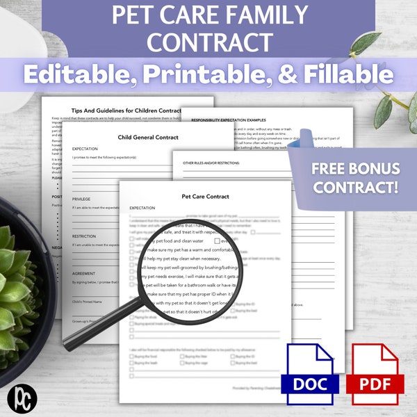 Customizable Pet Care Contract for Kids | Family Pet Care Agreement for Children | Child-Friendly Pet Care Guidelines | Pet Care Rules