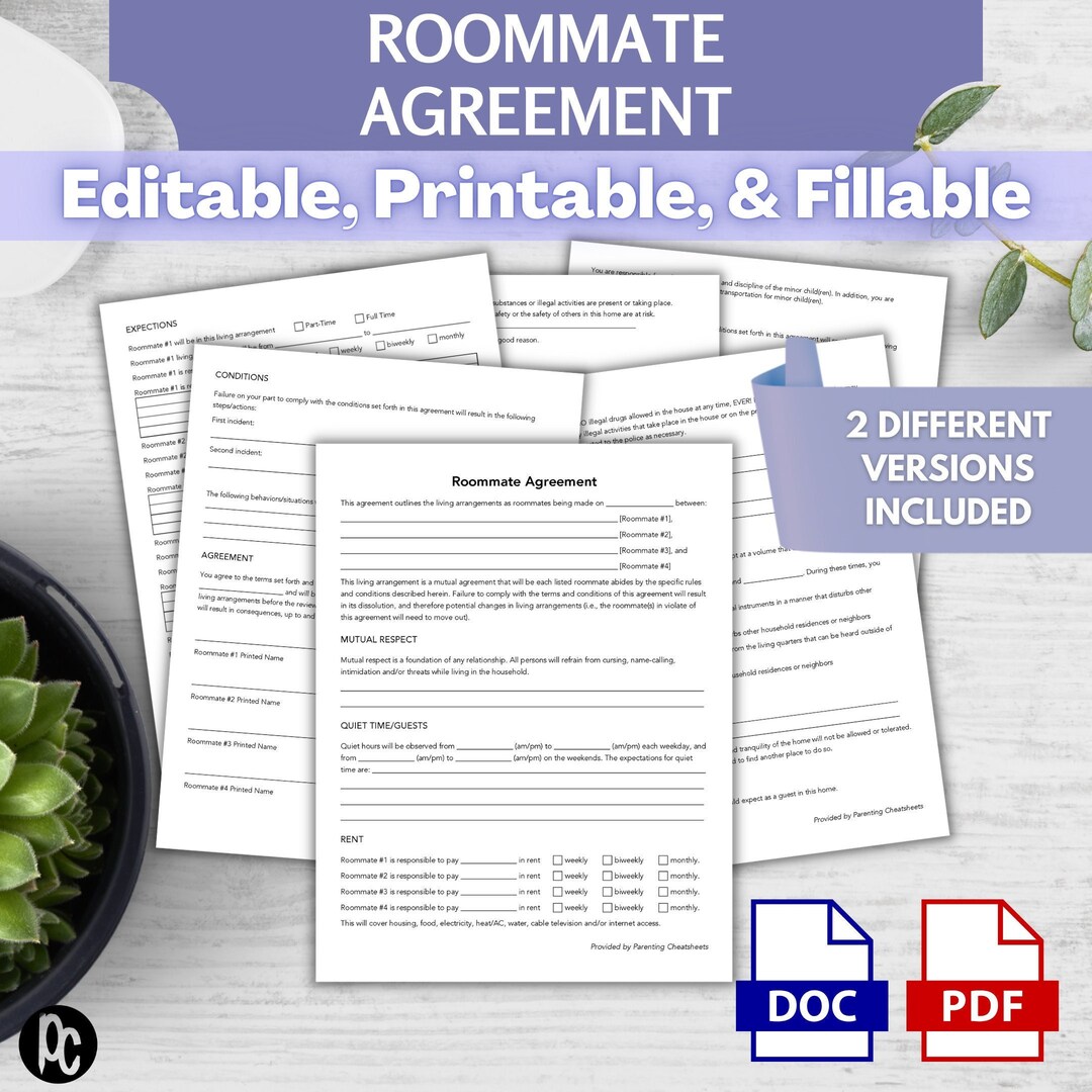 Customizable Roommate Agreement Printable College Roommate Contract ...