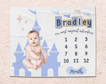 Magical Adventures Disney Inspired Baby Boy Personalized Milestone Blanket | Custom Vintage Disneyland Castle Banner | Track Monthly Growth