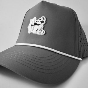 May include: A gray and white baseball cap with a white rope detail around the brim and a white patch with a black and white graphic on the front. The back of the cap is made of a breathable mesh material.