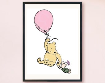 Winnie the Pooh Pink Balloon Design | Art Print or Party Decor, Cake Topper | Instant Download