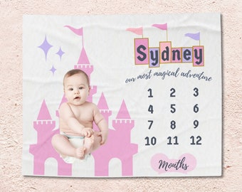 Magical Adventures Disney Inspired Baby Girl Personalized Milestone Blanket | Custom Vintage Disneyland Castle Banner | Track Monthly Growth