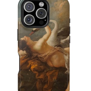 May include: A phone case featuring a classical painting of a nude figure with a swan. The artwork depicts a woman reclining with a swan, with a muted color palette of browns, creams, and blues. The case has a black border and a glossy finish.