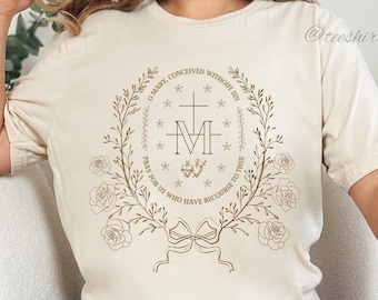 Marian Catholic T-Shirt, Virgin Mary T shirt, Catholic gifts for women, Catholic T-shirt, Marian Cross Shirt, Floral Women Religious Shirts