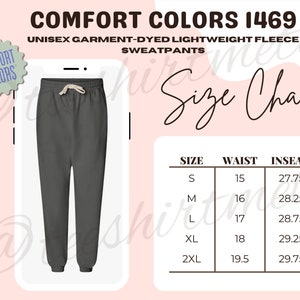 Puede incluir: Una tabla de tallas para pantalones deportivos unisex. La tabla muestra las medidas de cintura y entrepierna para las tallas S, M, L, XL y 2XL. Los pantalones deportivos están teñidos en prenda y hechos de vellón ligero.