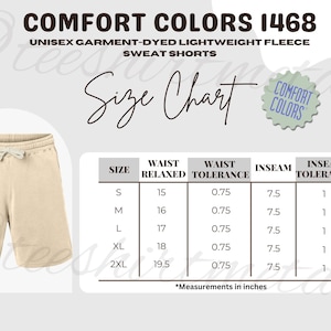 1468 Comfort Colors Sweat Shorts Size Chart, Fleece Sweat Shorts SIZE and COLOR guide, Sweat Shorts Sizing Chart, 5 size and color charts