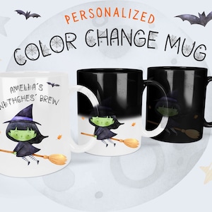 Färgskiftande mugg, Halloweenmugg för barn / Varm chokladmugg, Söt häxmugg, Halloweenpresent för barn, Personlig Halloweenmugg för barn bild 1