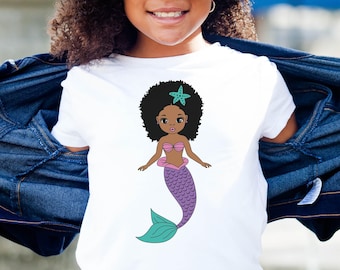Black Mermaid Kids Teeshirt, black mermaid shirt, black mermaid t-shirt, little black mermaid, black ariel, black little mermaid tshirt,