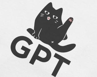 Pode incluir: Camiseta branca com uma ilustração de um gato preto e o texto "GPT" impresso na frente.