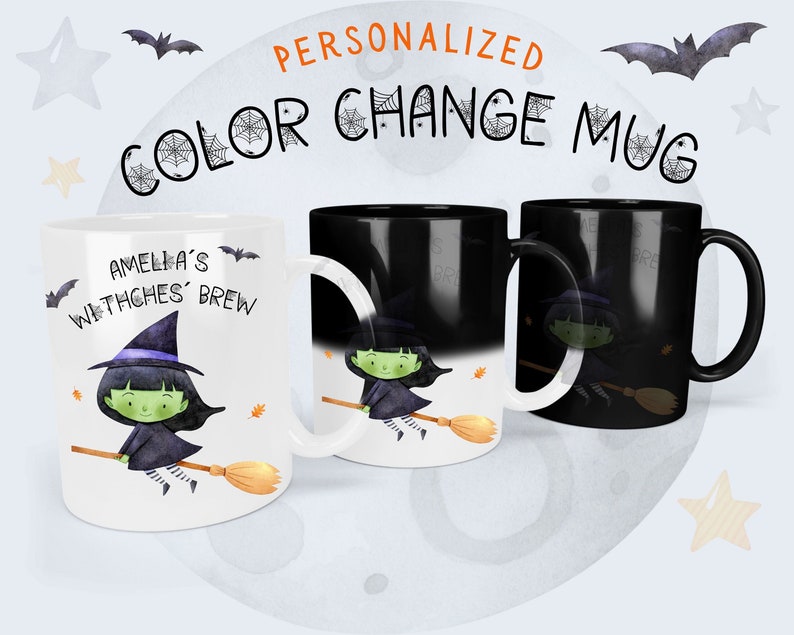 Färgskiftande mugg, Halloweenmugg för barn / Varm chokladmugg, Söt häxmugg, Halloweenpresent för barn, Personlig Halloweenmugg för barn bild 1