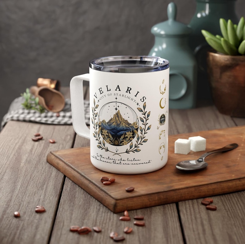 ACOTAR Velaris to go cup, Velaris Insulated Coffee Mug with lid, mug Acotar, sjm merch, feyre and rhysand mug, throne of glass mug, acomaf, velaris city of starlight, a court of mist and fury, romantasy reader mug, feyre archeron, acotar reader mug
