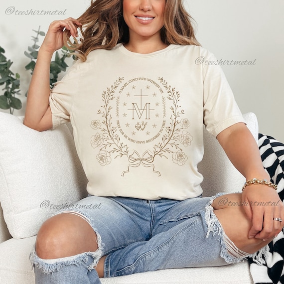 Marian Catholic T-Shirt, Virgin Mary T shirt, Catholic gifts for women, Catholic T-shirt, Marian Cross Shirt, Floral Women Religious Shirts