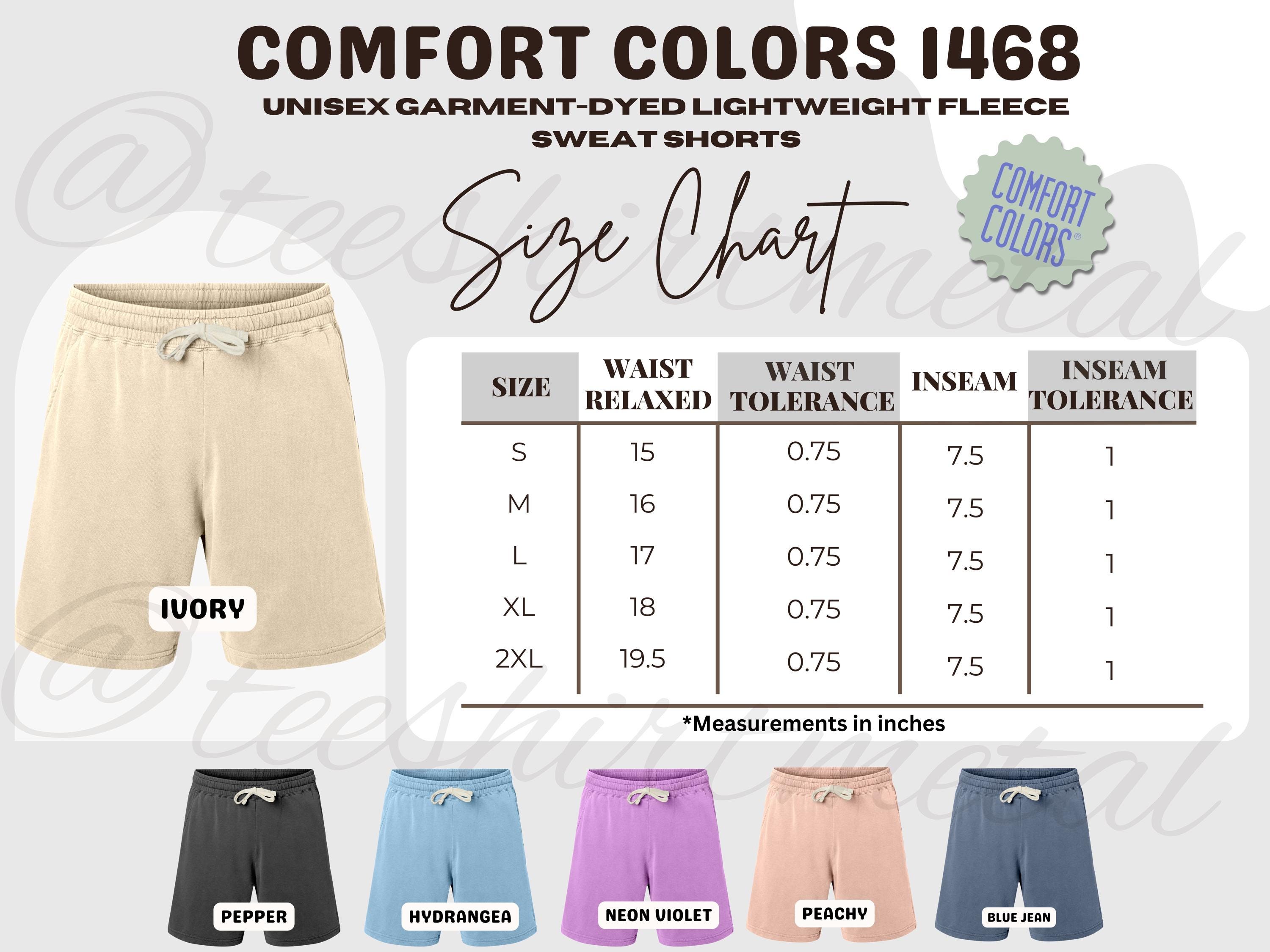 Comfort Colors 1468 Sweat Shorts Size Chart, Fleece Sweat Shorts