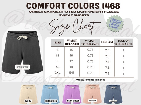 Comfort Colors 1468 Sweat Shorts Size Chart, Fleece Sweat Shorts