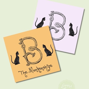 May include: Two square cards featuring a stylized letter B flanked by two black cats. One card has a light orange background with the text The Blankenships, while the other has a light purple background. Both cards feature detailed line art.