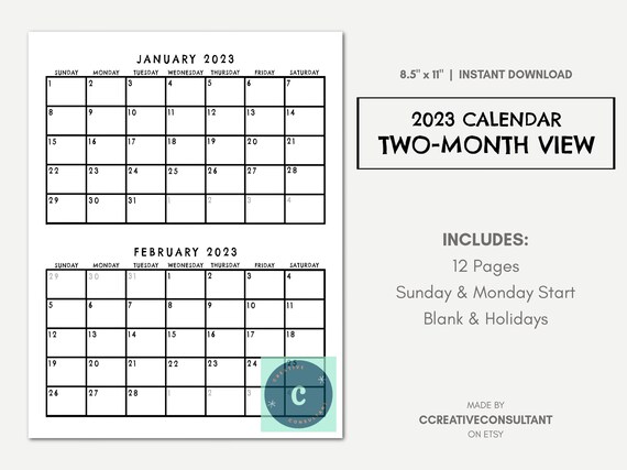 2023 Monthly Calendar Printable Two Month View Sunday or - Etsy