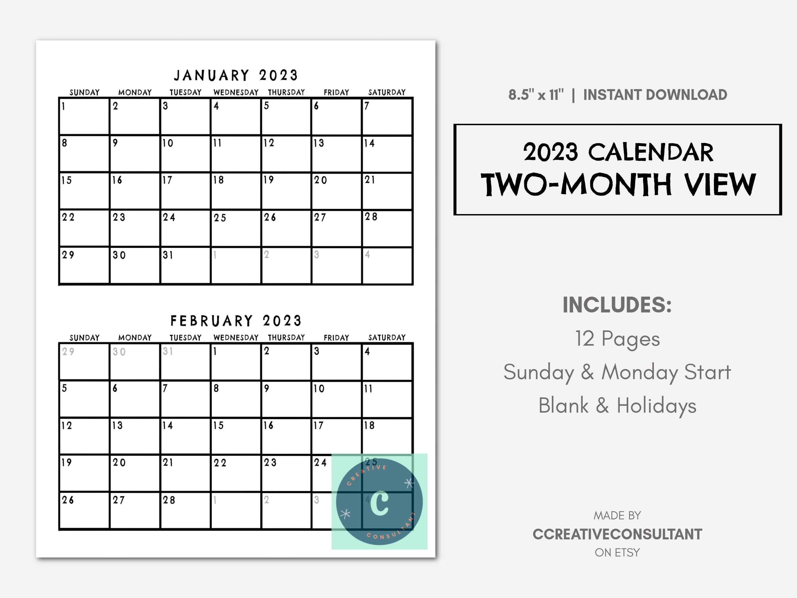 2023 monthly calendar printable two month view sunday or etsy