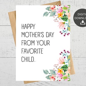 Feliz Dia das Mães do seu filho favorito, cartão para impressão, cartão engraçado do dia das mães, download digital instantâneo