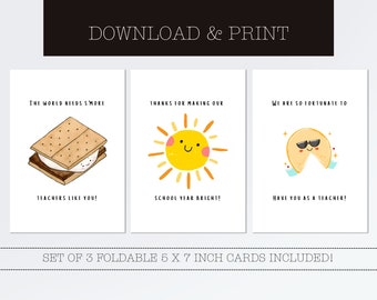 Teacher Appreciation Cards, Cute Thank You Gift Set (Digital Download)
