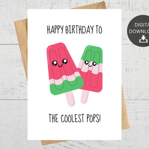 Feliz aniversário para os pops mais legais, cartão de aniversário para impressão com trocadilho engraçado, cartão com trocadilho de picolé, cartão fofo para o pai, download digital instantâneo