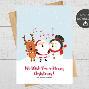 Wij wensen u prettige kerstdagen en een gelukkig nieuwjaar, afdrukbare kerstkaart, handgemaakt cadeau, kerstman en vrienden, grappig, instant digitale download