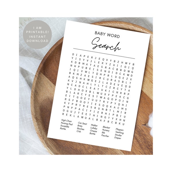 Printable Minimalist Baby Word Search & Answer Key, For Baby Shower, Baby Shower Games, 5 x 7 Inches, Gender Neutral, Instant Download