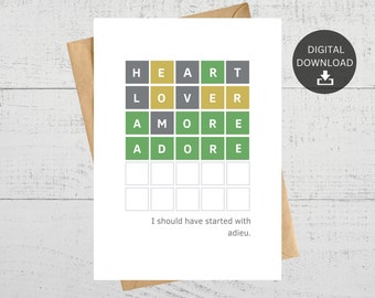 May include: A printable card with a word puzzle. The puzzle features the words "heart", "lover", "amore", and "adore". The text below the puzzle reads "I should have started with adieu."