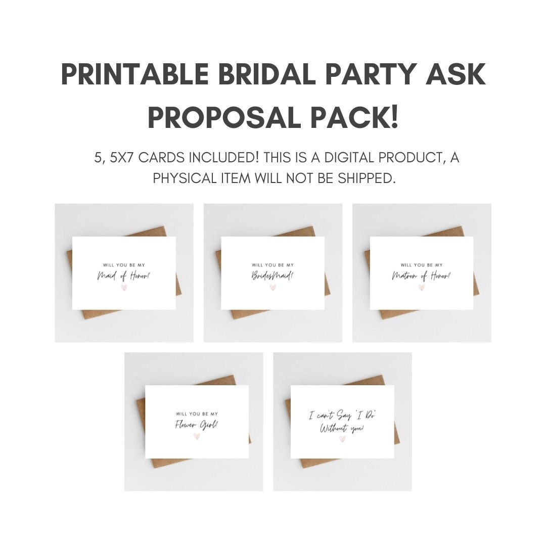 Printable Bridal Party Proposal Pack, Five 5x7 Foldable Cards Included ...