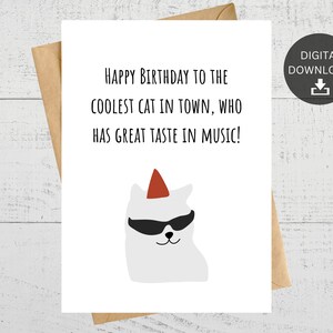 Feliz aniversário para o gato mais legal da cidade que tem ótimo gosto musical, cartão de aniversário para impressão, para amante da música, download digital instantâneo